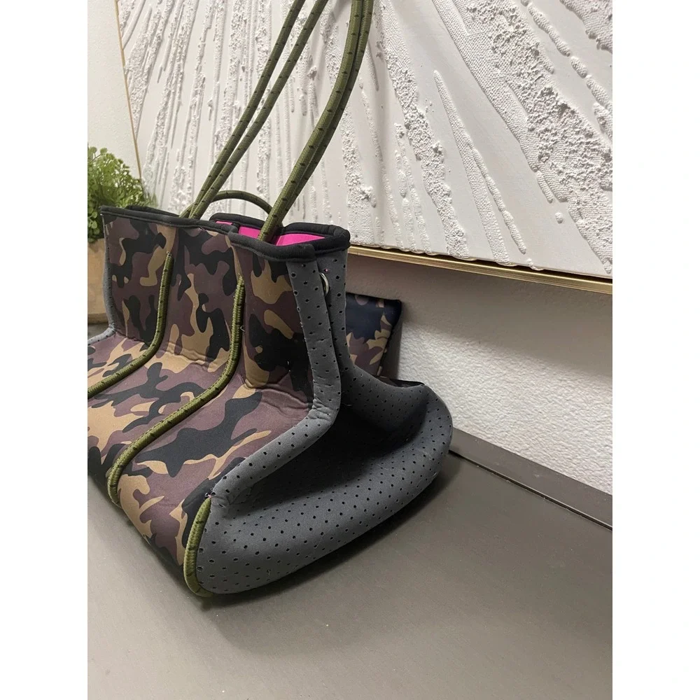 Camo Neoprene Tote Bag Carry On, Travel Gym Bag Pink Orange with Pouch Large